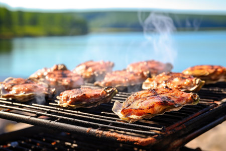 close-up of oysters on a grill with beach background, created with generative aiの素材