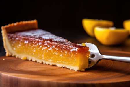 close-up of a lemon tart slice on a wooden spatula, created with generative aiの素材