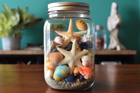 seashells and beach-themed terrarium in a jar, created with generative aiの素材
