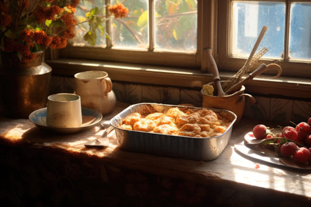 golden-brown cobbler crust in sunlight, created with generative aiの素材
