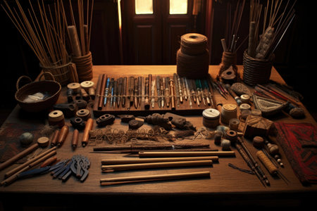 weaving tools arranged on a wooden table, created with generative aiの素材