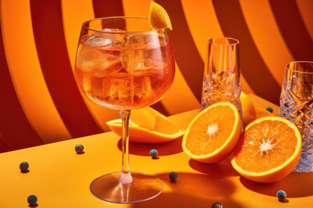 close-up of aperol spritz bubbles and orange slice, created with generative aiの素材