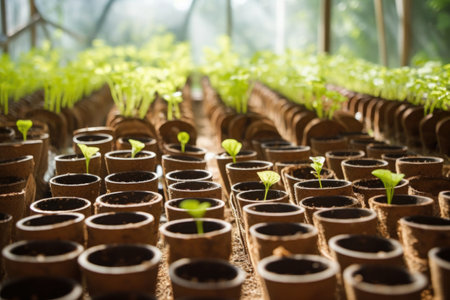 biodegradable seedling pots in an eco-friendly greenhouse, created with generative aiの素材