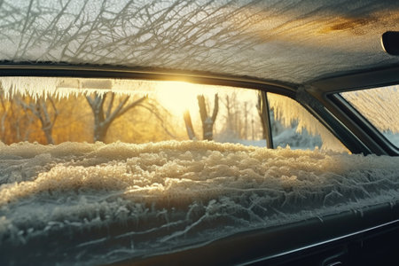 sun-kissed diamond dust on a frosty car window, created with generative aiの素材