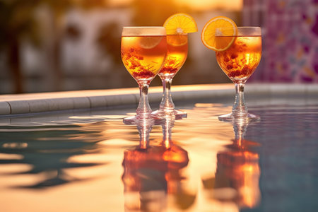 tequila sunrise cocktails with pool reflections in sunglasses, created with generative aiの素材