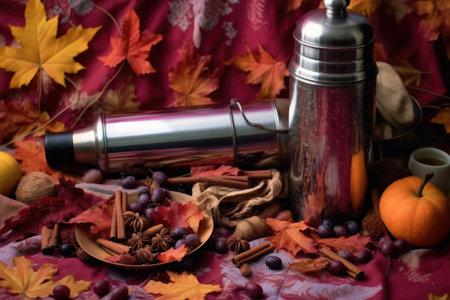 mulled wine in a thermos, surrounded by fall leaves and picnic items, created with generative aiの素材