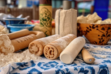 rolling pin, flour, and dough at the market stand, created with generative aiの素材