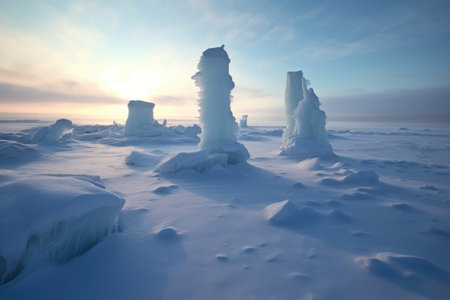 snowy arctic landscape with ice sculptures formed by wind, created with generative aiの素材