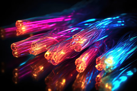 fiber optic cables glowing on a dark background, created with generative aiの素材