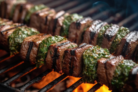 close-up of juicy grilled kebabs with grill marks, created with generative aiの素材