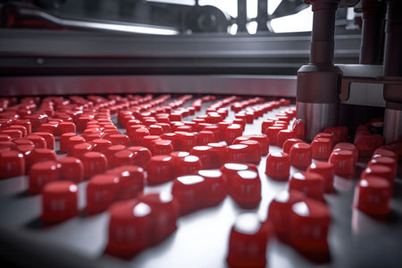close-up of automated pill production line, created with generative aiの素材