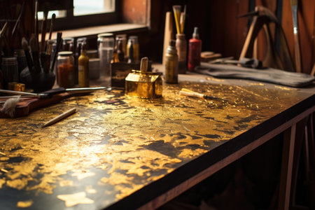 close-up of gold foil on a wooden workbench, created with generative aiの素材