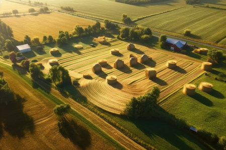 aerial view of a winding hay bale maze in a sunlit field, created with generative aiの素材