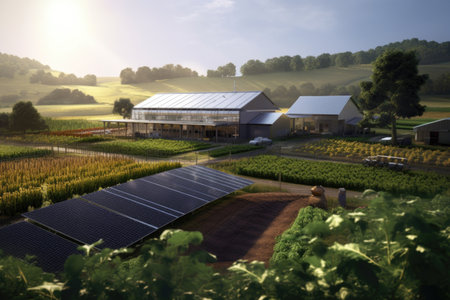 solar panels powering a smart farm, created with generative aiの素材