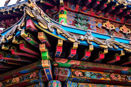 close-up of colorful temple roof details, created with generative aiの素材