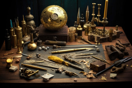 goldsmiths tools and gold foil on table, created with generative aiの素材