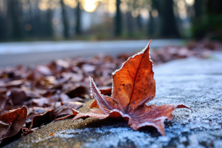 frost on fallen leaves with blurred bokeh background, created with generative aiの素材