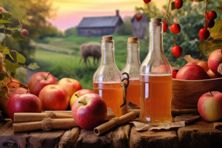 apple cider in glass bottles with orchard background, created with generative aiの素材