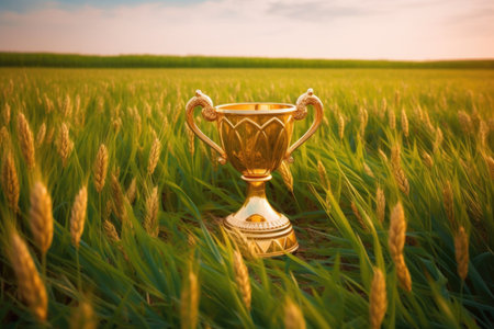 golden cup on a grass field, symbolizing victory, created with generative aiの素材
