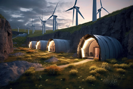 wind turbines connected to underground energy storage, created with generative aiの素材