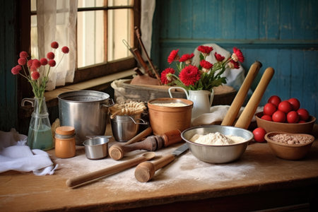 baking utensils and cherry pie ingredients on wooden table, created with generative aiの素材