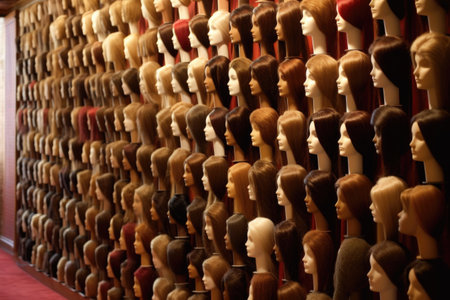 rows of wigs on mannequin heads for display, created with generative aiの素材