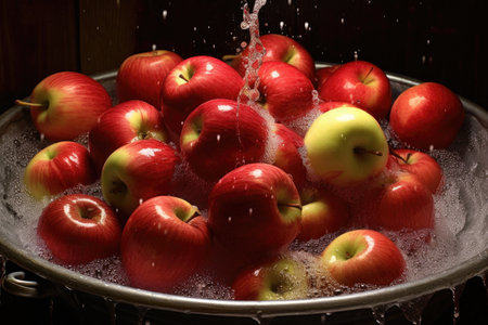freshly picked apples being washed with water spray, created with generative aiの素材