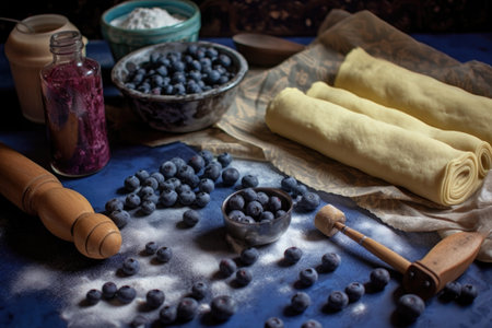 rolling pin and pie dough with blueberry filling, created with generative aiの素材