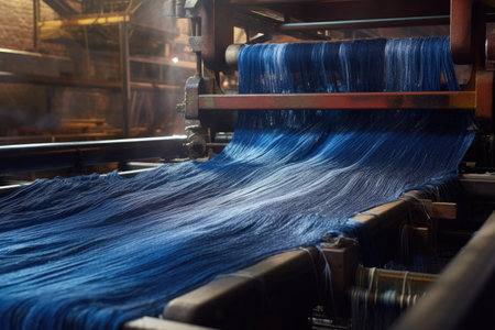 denim fabric being woven on industrial loom, created with generative aiの素材