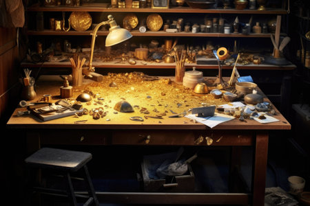 goldsmiths workbench with gold foil and tools, created with generative aiの素材