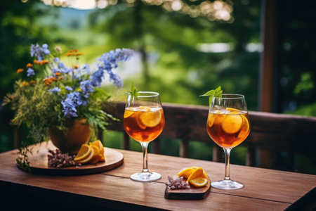 amaretto cocktails on a wooden garden table, created with generative aiの素材