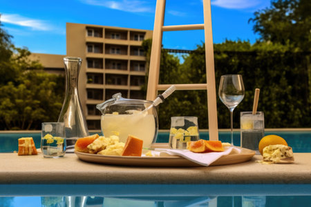 french 75 ingredients with pool party decorations, created with generative aiの素材