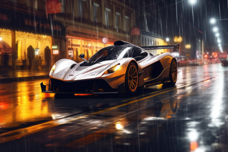 hypercar racing on a rainy city night, created with generative aiの素材