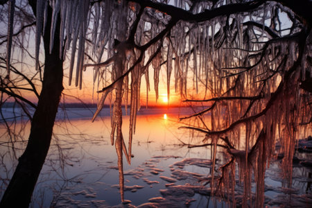icicles hanging from a tree branch at sunrise, created with generative aiの素材