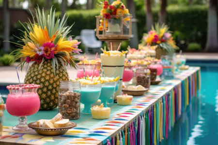 colorful pool party setup with pina colada drinks, created with generative aiの素材