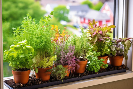 windowsill garden with colorful microgreens and herbs, created with generative aiの素材