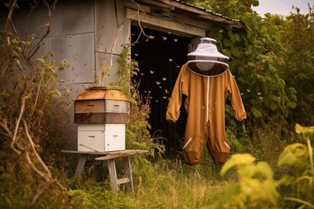 protective beekeeping suit hanging near a wild beehive, created with generative aiの素材