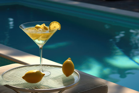 martini glass with a twist of lemon by a sun lounger, created with generative aiの素材