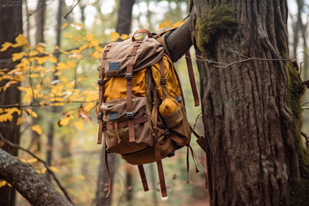 hiking backpack hanging on a tree branch in forest, created with generative aiの素材
