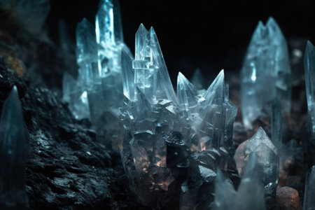 close-up of crystal formations in darkness, created with generative aiの素材