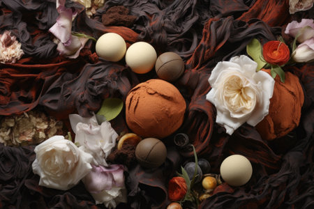 chocolate shavings and curls surrounding truffles, created with generative aiの素材