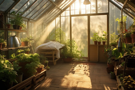 sunlit greenhouse with condensation on glass walls, created with generative aiの素材