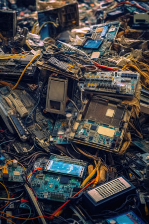 close-up of electronic waste at garbage dump, created with generative aiの素材