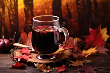 mug filled with mulled wine surrounded by autumn leaves, created with generative aiの素材