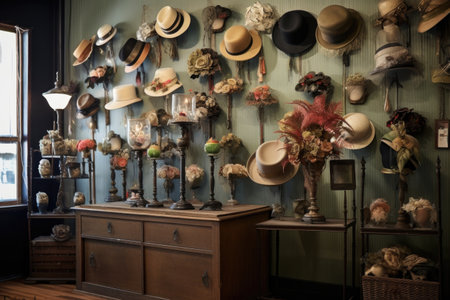 vintage hat display showcasing various styles and eras, created with generative aiの素材