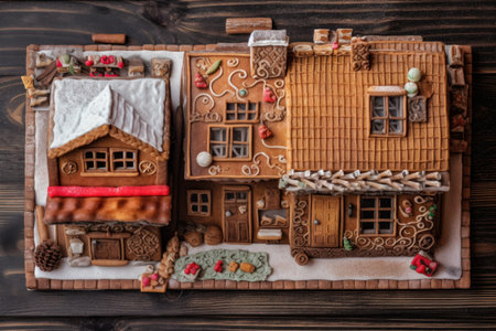 top view of gingerbread house with icing details, created with generative aiの素材