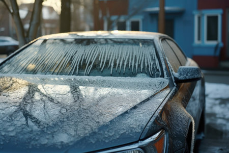 snowy car hood with ice crystals forming, created with generative aiの素材