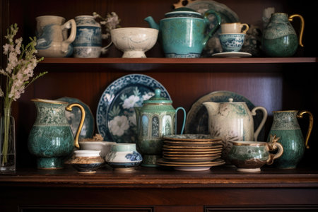 antique china tea set displayed on a shelf, created with generative aiの素材
