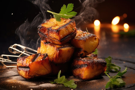 grilled pineapple skewers with a smoky background, created with generative aiの素材