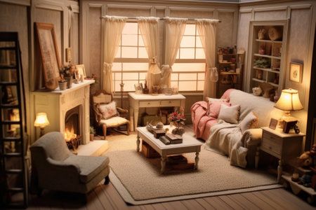 dollhouse living room with fireplace and cozy furniture, created with generative aiの素材